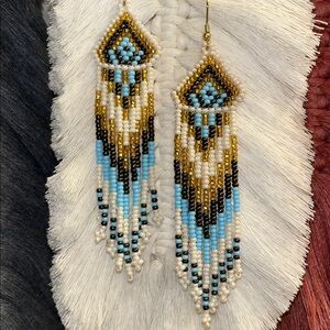 Boho Festival Blue/Black/White/Gold Beaded Dangle Earrings With French Hooks